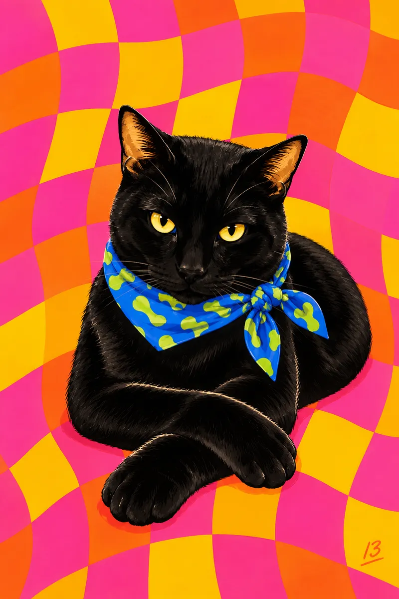Custom pet portrait print of a black cat with a bandana, on a pink and orange checkered background