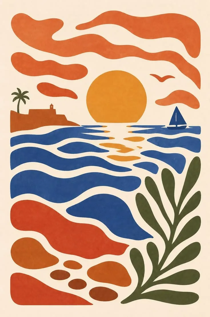 Print of an orange sunset over the sea, a fort on the cliff with a palm tree, a blue sailboat and green foliage