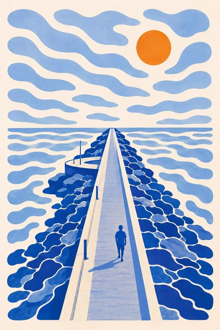 Print of a long breakwater stretching to the horizon over the sea, with a lone figure walking on it