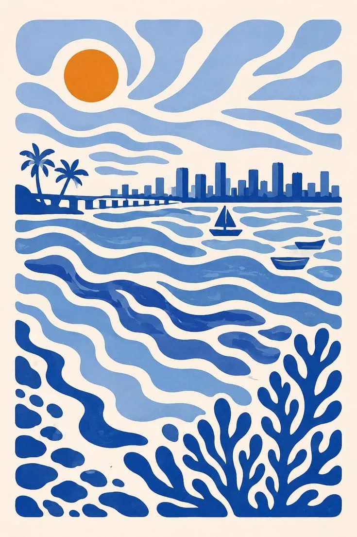 Print of the sun over the sea, Fortaleza's skyline in the distance, a breakwater, a sailboat and small boats