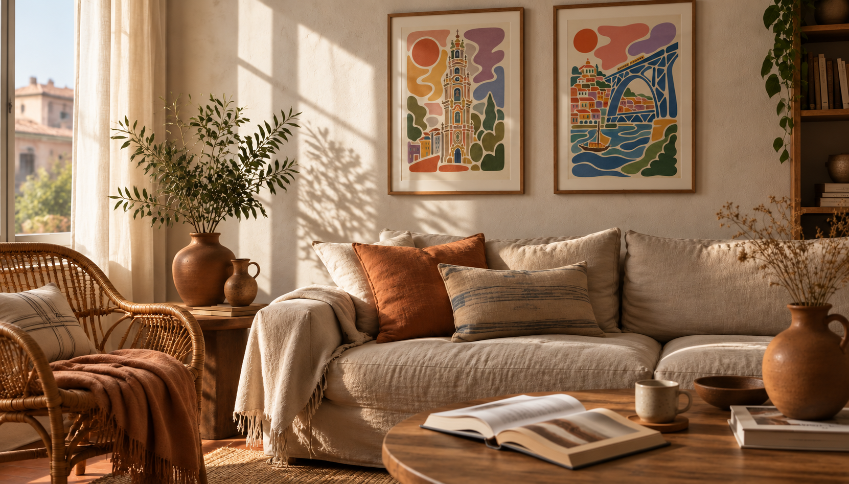Sun-drenched patio with a shelf of handmade ceramics, a cactus and a woven cushion, in warm afternoon light