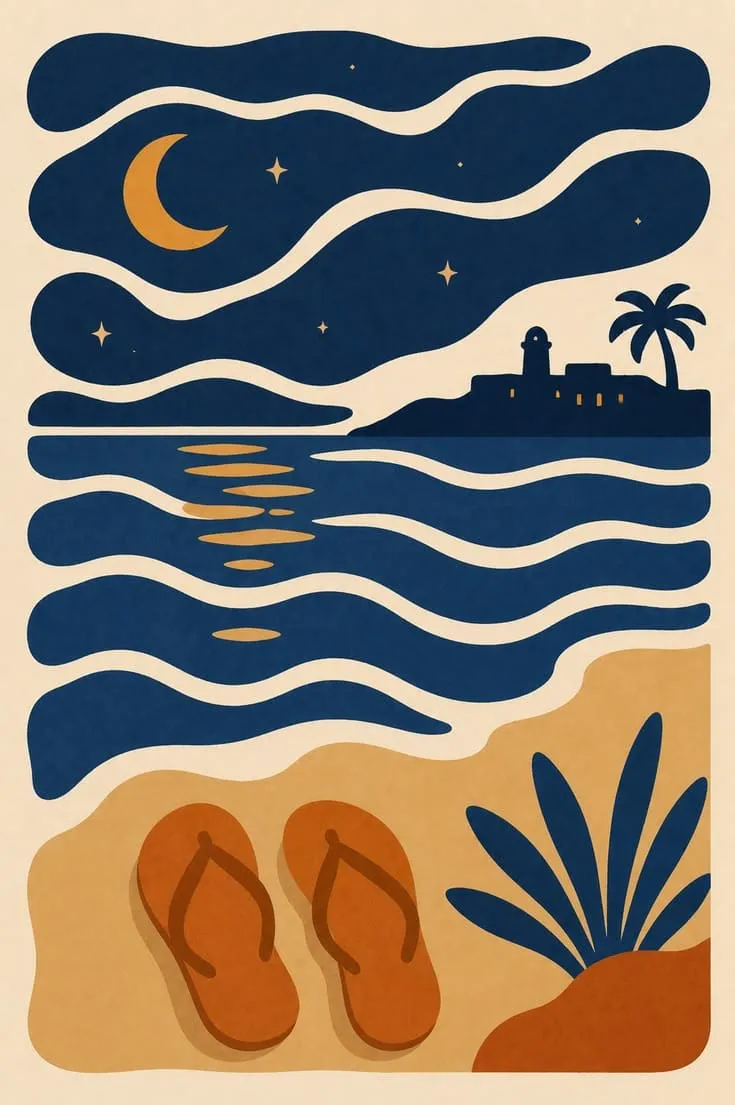 Night print with a crescent moon, a fort and lighthouse on the point and a pair of flip-flops on the sand in the foreground
